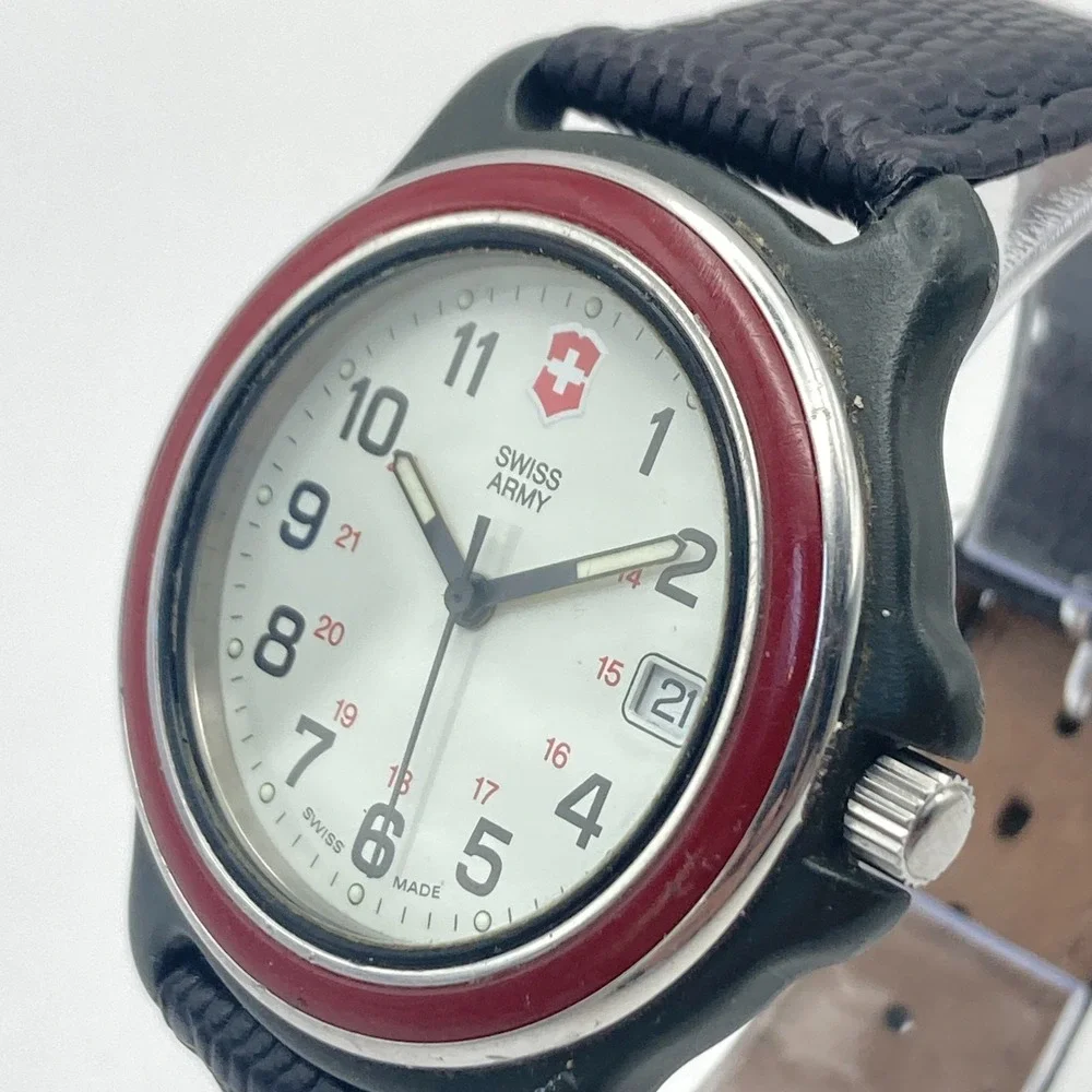 Vintage Swiss Army Men's Watch 38mm Red Bezel Date Black Leather New Battery